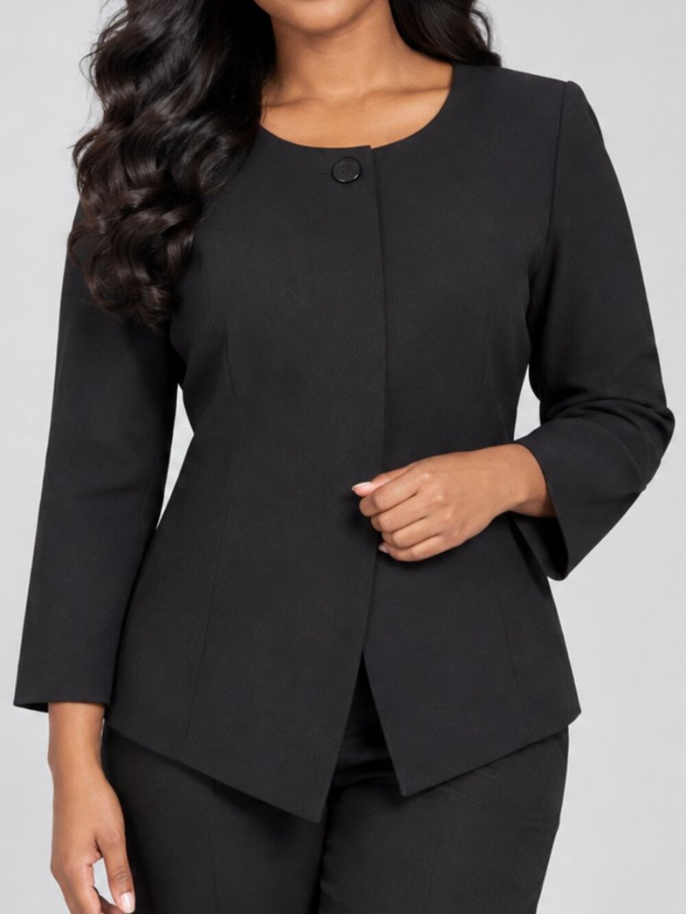 Women's Size Large One Big Button Open Front Black Asymmetric Hem Career Blazer